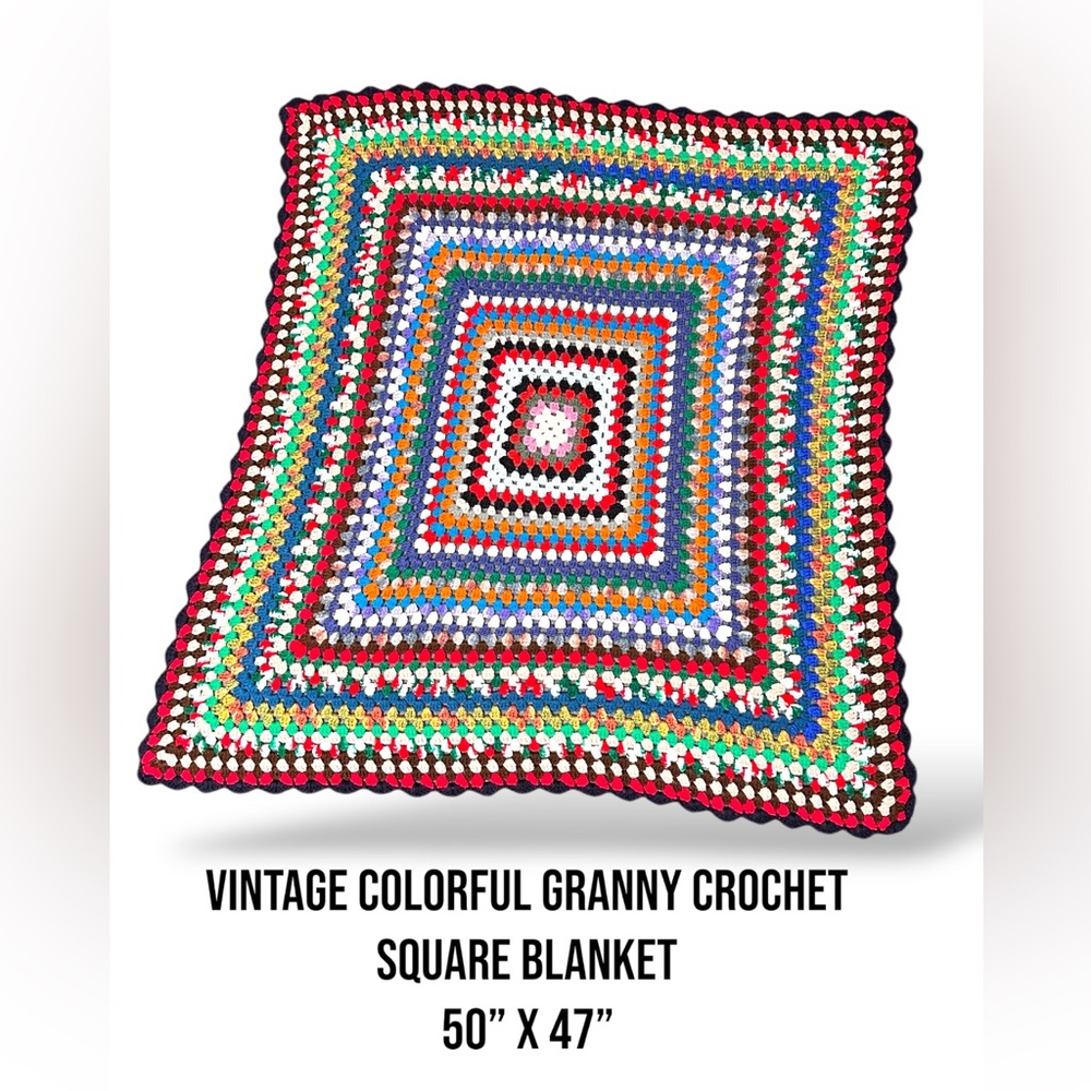 Vintage Colorful Granny Crochet Square Blanket 50” x 47”‎